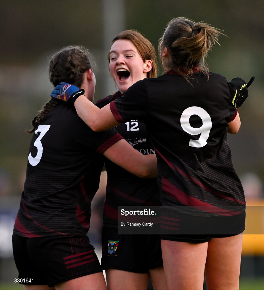29 November 2025; Cromane players, from left, Orlaith Burke, Emily O'Sullivan and Roisín Smith of Cromane celebrate after the AIB All-Ireland Ladies Football Club Junior Club Championship semi-final match between Cavan Gaels of Cavan and Cromane of Kerry at Terry Coyle Park in Cavan. Photo by Ramsey Cardy/Sportsfile