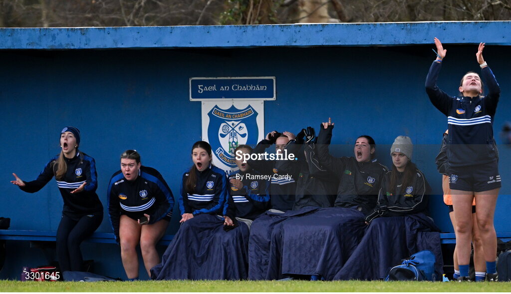 29 November 2025; The Cavan Gaels substitutes bench reacts to a decision late in the AIB All-Ireland Ladies Football Club Junior Club Championship semi-final match between Cavan Gaels of Cavan and Cromane of Kerry at Terry Coyle Park in Cavan. Photo by Ramsey Cardy/Sportsfile