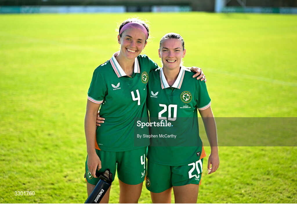 29 November 2025; Caitlin Hayes, left, and Saoirse Noonan of Republic of Ireland after the women's international friendly match between Republic of Ireland and Hungary at Marbella Football Centre in Marbella, Spain. Photo by Stephen McCarthy/Sportsfile