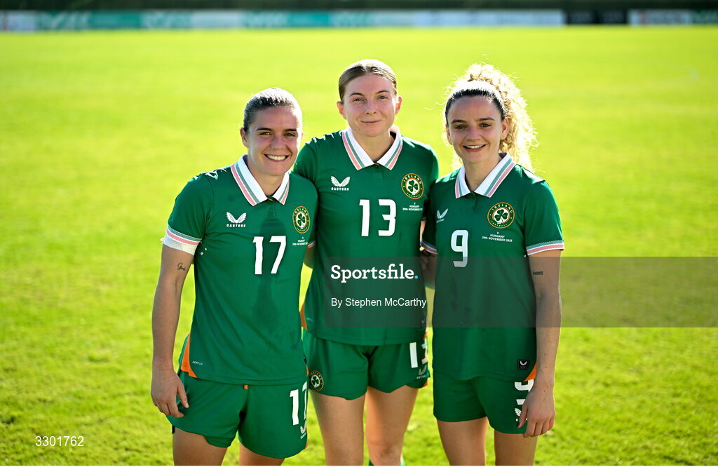 29 November 2025; Republic of Ireland players, from left, Jamie Finn, Hayley Nolan and Leanne Kiernan after the women's international friendly match between Republic of Ireland and Hungary at Marbella Football Centre in Marbella, Spain. Photo by Stephen McCarthy/Sportsfile