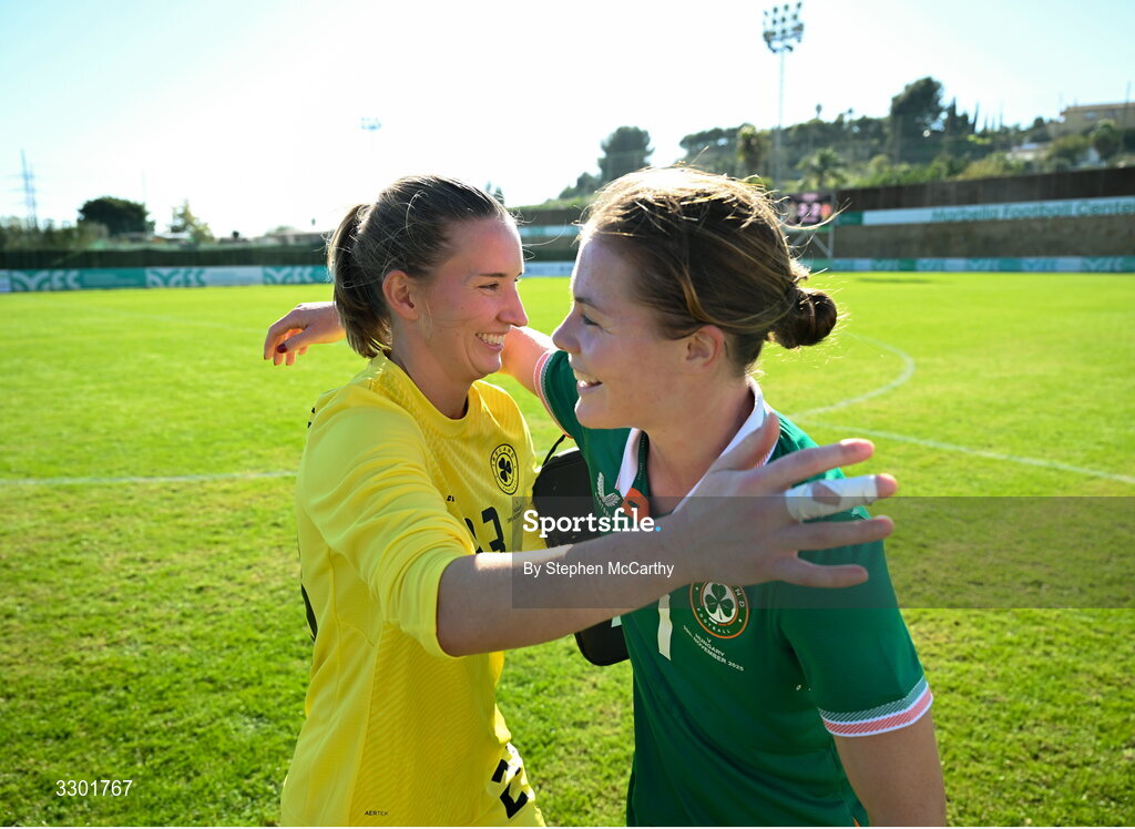 29 November 2025; Republic of Ireland goalkeeper Sophie Whitehouse and Emily Murphy after the women's international friendly match between Republic of Ireland and Hungary at Marbella Football Centre in Marbella, Spain. Photo by Stephen McCarthy/Sportsfile