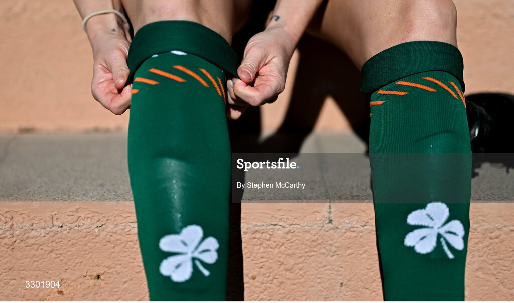 29 November 2025; Ruesha Littlejohn of Republic of Ireland prepares her socks before the women's international friendly match between Republic of Ireland and Hungary at Marbella Football Centre in Marbella, Spain. Photo by Stephen McCarthy/Sportsfile