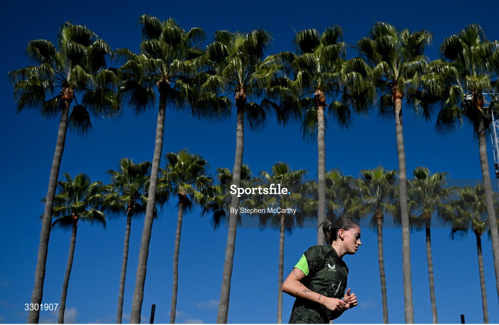29 November 2025; Abbie Larkin of Republic of Ireland warms up before the women's international friendly match between Republic of Ireland and Hungary at Marbella Football Centre in Marbella, Spain. Photo by Stephen McCarthy/Sportsfile