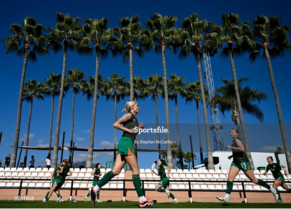 29 November 2025; Denise O’Sullivan of Republic of Ireland warms up before the women's international friendly match between Republic of Ireland and Hungary at Marbella Football Centre in Marbella, Spain. Photo by Stephen McCarthy/Sportsfile