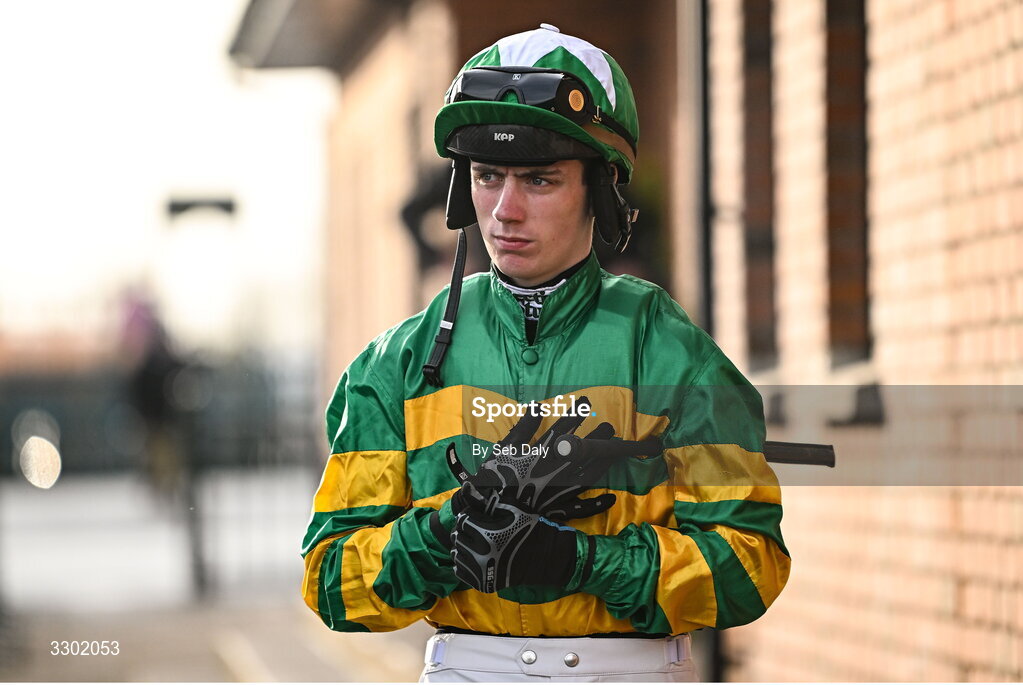 29 November 2025; Jockey Danny Gilligan before the SIS Supporting Irish Racing Beginners Steeplechase during day one of the Fairyhouse Winter Festival at Fairyhouse Racecourse in Meath. Photo by Seb Daly/Sportsfile
