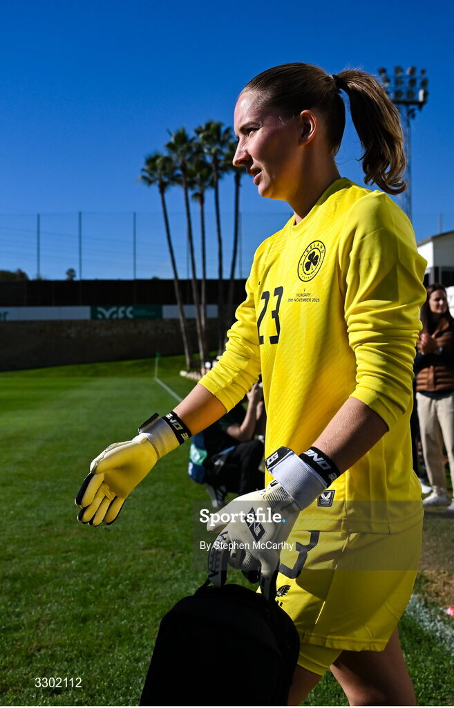 29 November 2025; Republic of Ireland goalkeeper Sophie Whitehouse walks out for her Republic of Ireland debut in the women's international friendly match between Republic of Ireland and Hungary at Marbella Football Centre in Marbella, Spain. Photo by Stephen McCarthy/Sportsfile