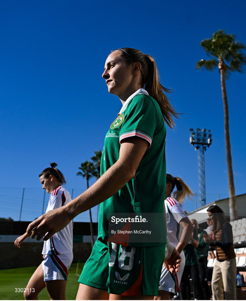 29 November 2025; Kyra Carusa of Republic of Ireland walks out for the women's international friendly match between Republic of Ireland and Hungary at Marbella Football Centre in Marbella, Spain. Photo by Stephen McCarthy/Sportsfile