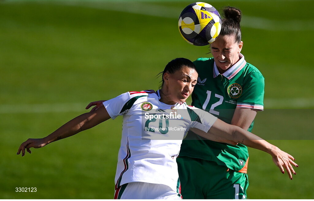29 November 2025; Anna Patten of Republic of Ireland in action against Dora Sule of Hungary during the women's international friendly match between Republic of Ireland and Hungary at Marbella Football Centre in Marbella, Spain. Photo by Stephen McCarthy/Sportsfile