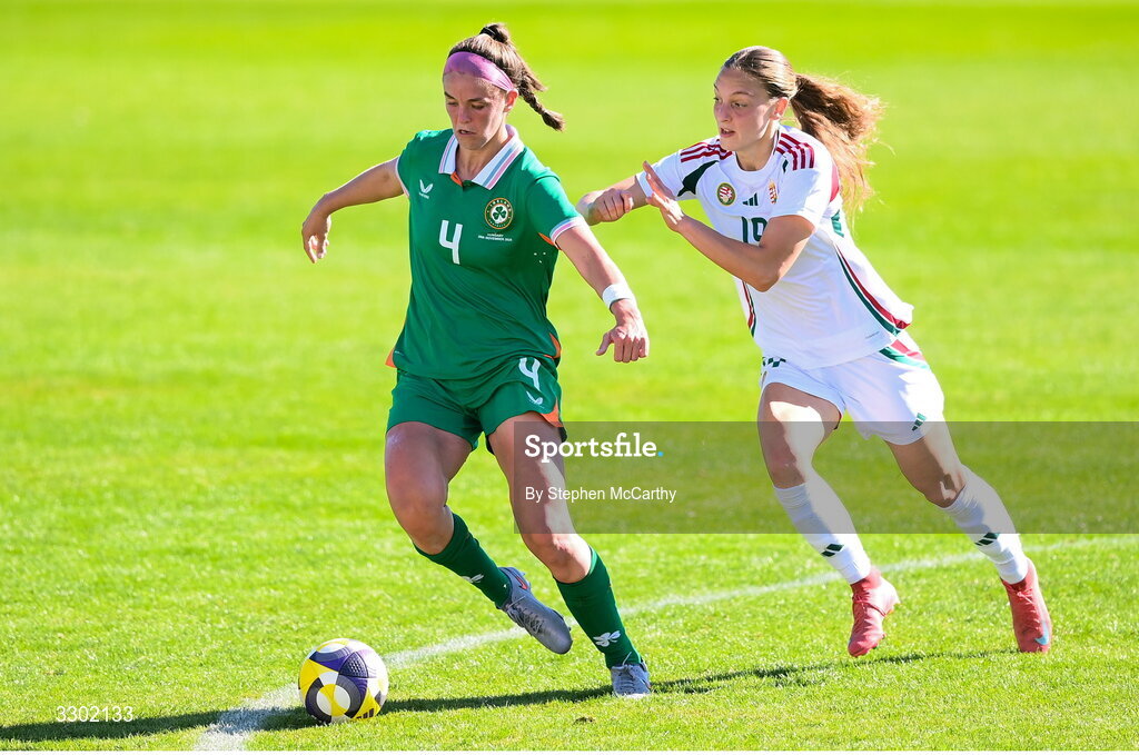 29 November 2025; Caitlin Hayes of Republic of Ireland in action against Brigitta Pulins of Hungary during the women's international friendly match between Republic of Ireland and Hungary at Marbella Football Centre in Marbella, Spain. Photo by Stephen McCarthy/Sportsfile