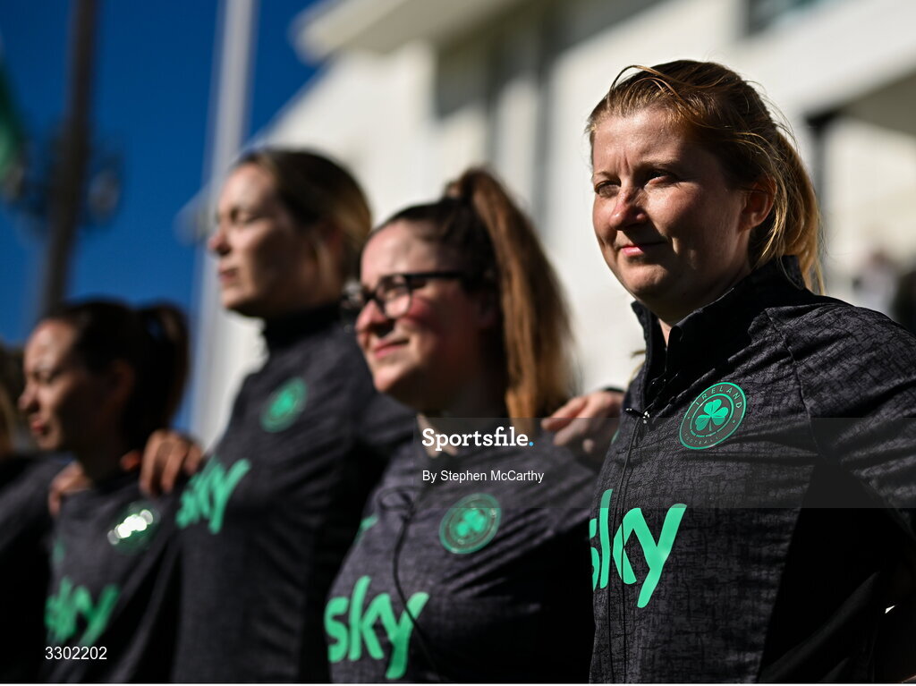 29 November 2025; Republic of Ireland performance coach Holly Pickett, right, stands for the playing of the National Anthem before the women's international friendly match between Republic of Ireland and Hungary at Marbella Football Centre in Marbella, Spain. Photo by Stephen McCarthy/Sportsfile