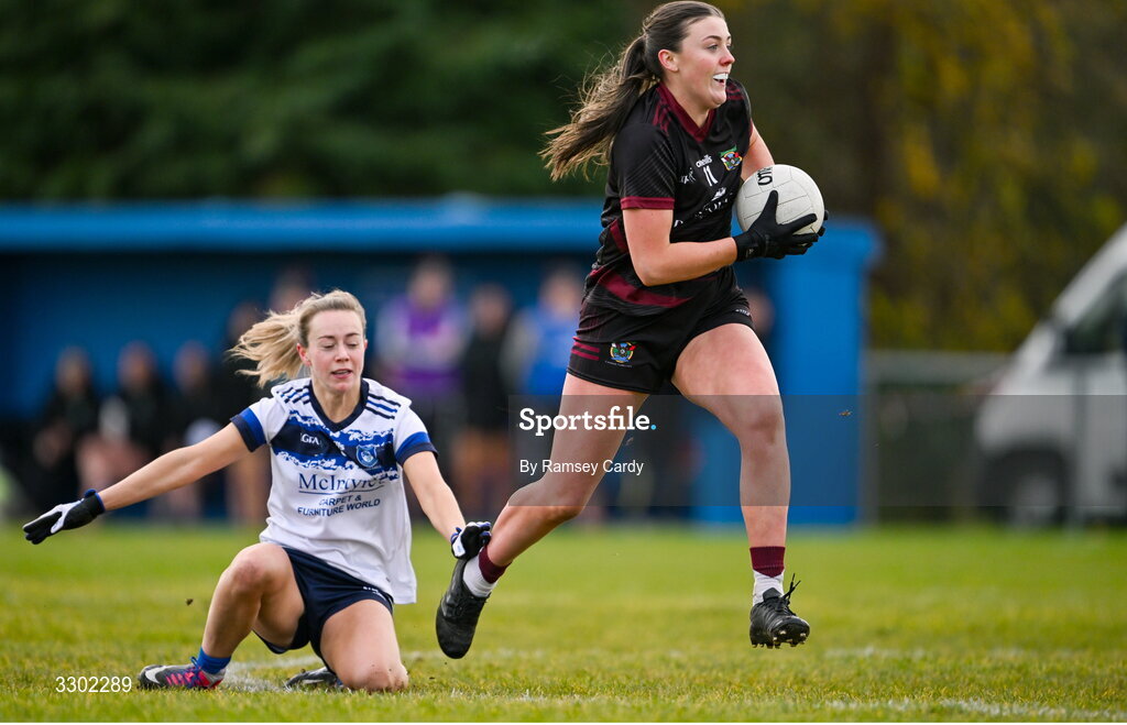 29 November 2025; Mary Kate Smith of Cromane evades the tackle of Niamh Briody of Cavan Gaels during the AIB All-Ireland Ladies Football Club Junior Club Championship semi-final match between Cavan Gaels of Cavan and Cromane of Kerry at Terry Coyle Park in Cavan. Photo by Ramsey Cardy/Sportsfile