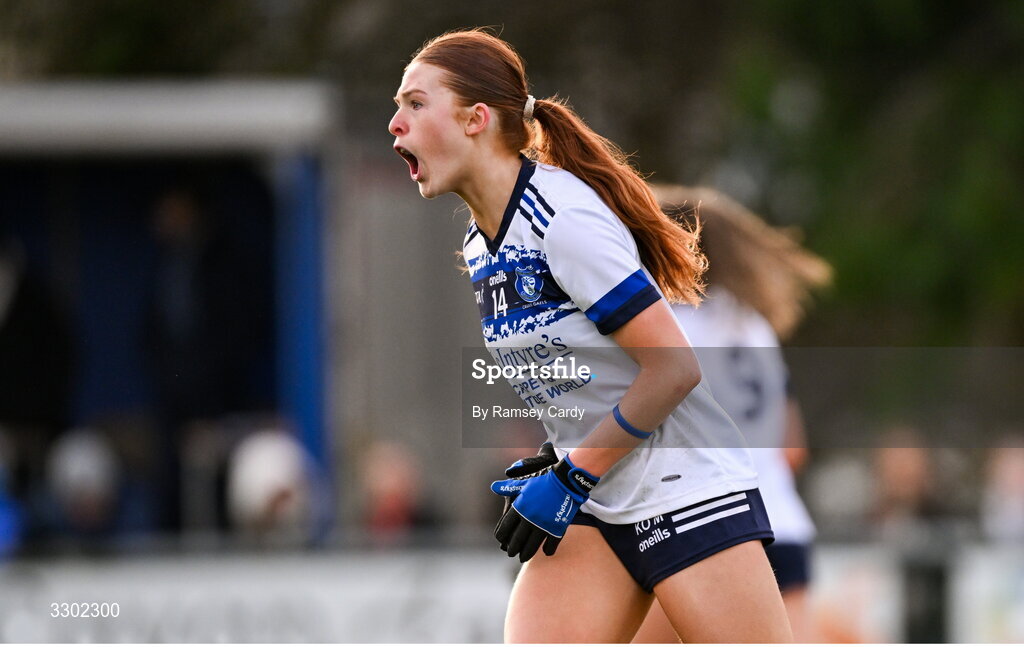 29 November 2025; Katie O'Meara of Cavan Gaels celebrates a point kicked by teammate Sarah Clarke during the AIB All-Ireland Ladies Football Club Junior Club Championship semi-final match between Cavan Gaels of Cavan and Cromane of Kerry at Terry Coyle Park in Cavan. Photo by Ramsey Cardy/Sportsfile