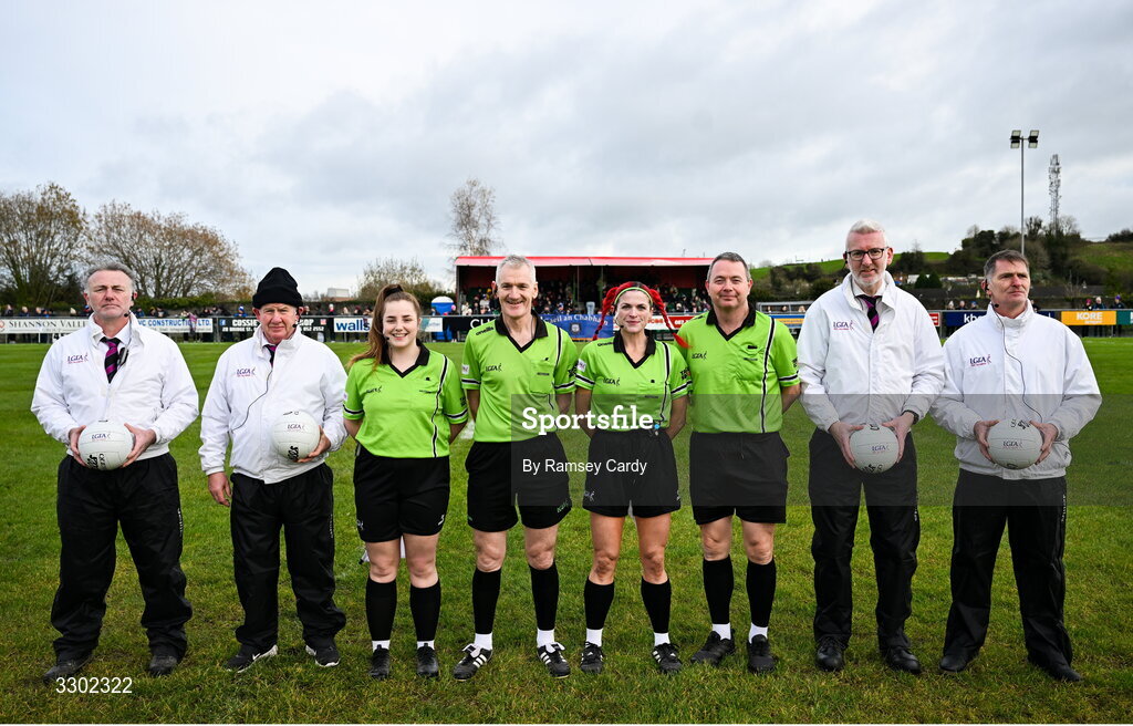 29 November 2025; Referee Philip Conway with lines people Roseanne Haughey and Janey McCauley, and standby referee Anthony Campbell and umpires before the AIB All-Ireland Ladies Football Club Junior Club Championship semi-final match between Cavan Gaels of Cavan and Cromane of Kerry at Terry Coyle Park in Cavan. Photo by Ramsey Cardy/Sportsfile