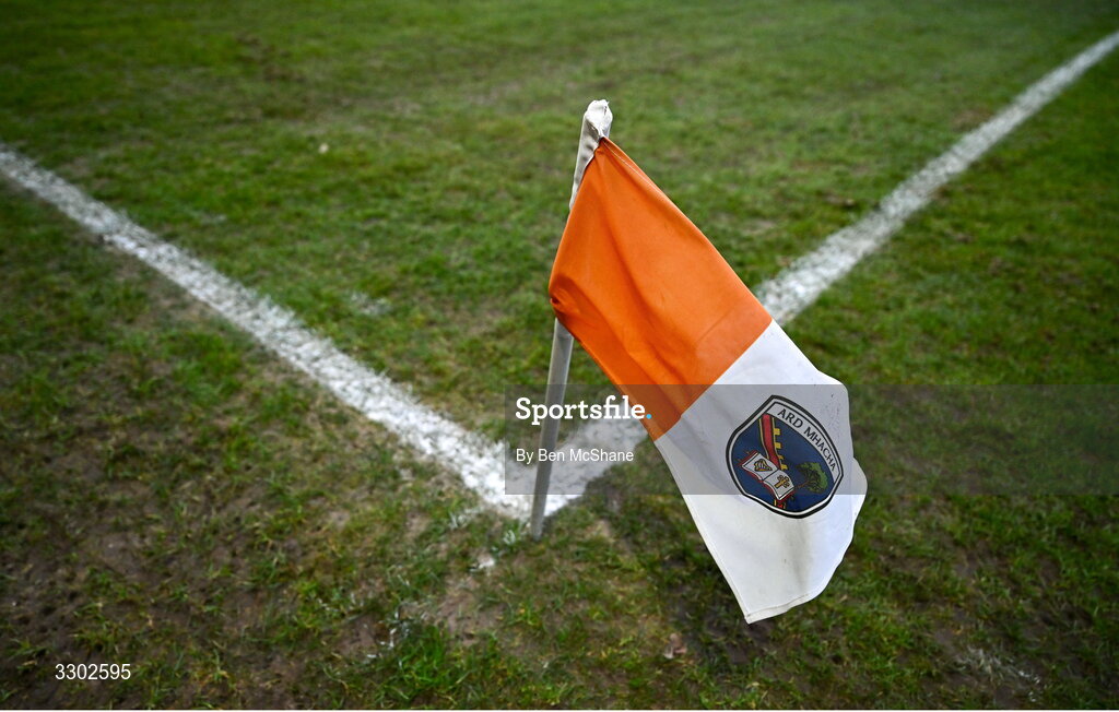 30 November 2025; An Armagh branded sideline flag is seen before the AIB Ulster GAA Football Senior Club Championship semi-final match between Scotstown and Newbridge at BOX-IT Athletic Grounds in Armagh. Photo by Ben McShane/Sportsfile