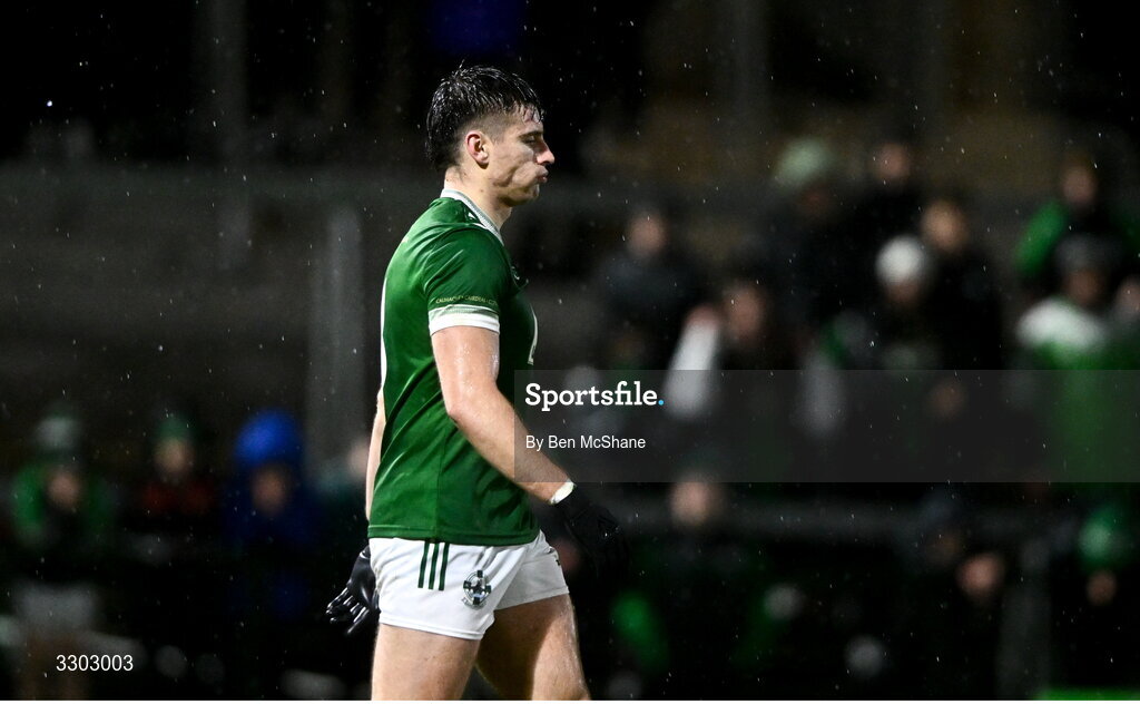 30 November 2025; Conor Doherty of Newbridge reacts after missing a penalty in the penalty shootout of the AIB Ulster GAA Football Senior Club Championship semi-final match between Scotstown and Newbridge at BOX-IT Athletic Grounds in Armagh. Photo by Ben McShane/Sportsfile