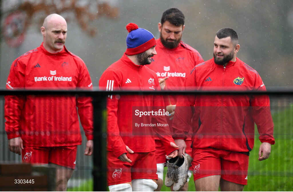 1 December 2025; Muster players, from left, Oli Jager, John Hodnett, Jean Kleyn and Michael Milne arrive for squad training at the University of Limerick in Limerick. Photo by Brendan Moran/Sportsfile