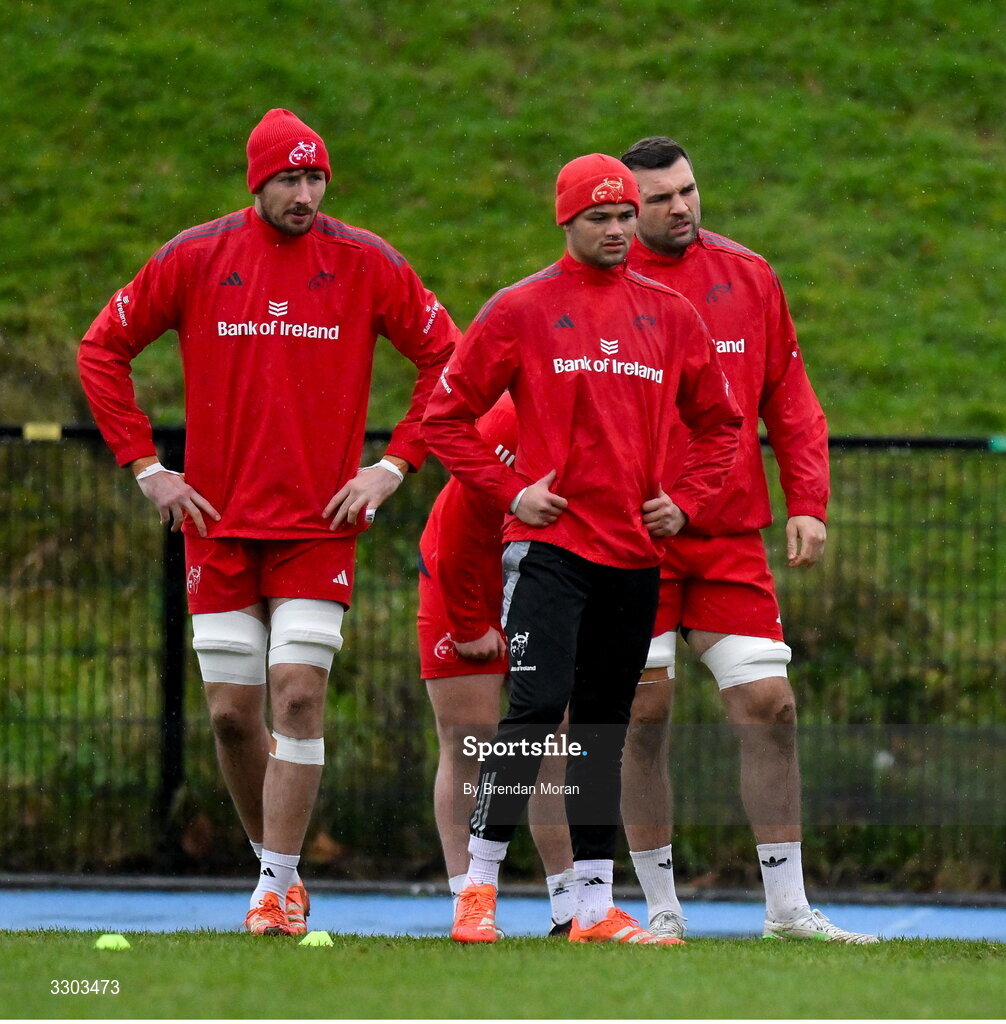 1 December 2025; Tom Ahern, left, Shay McCarthy and Tadhg Beirne during Munster Rugby squad training at the University of Limerick in Limerick. Photo by Brendan Moran/Sportsfile