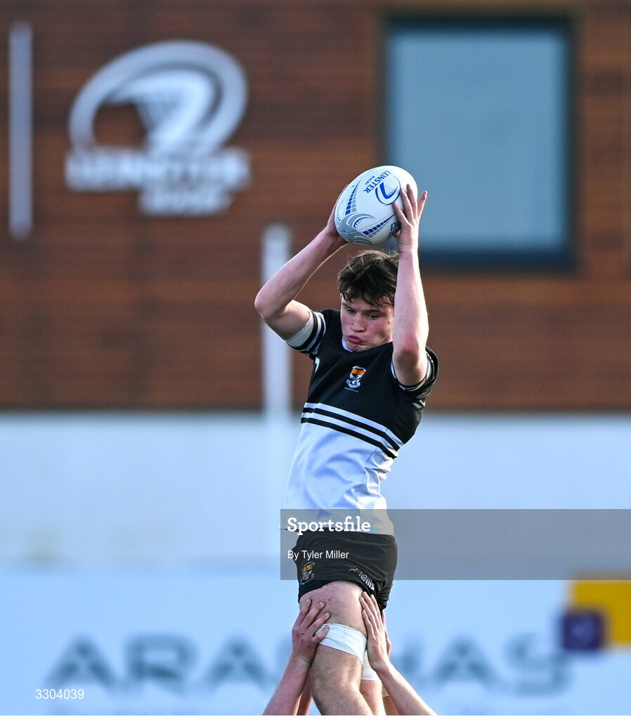 3 December 2025; Johnny Fardy of Newbridge College wins possession in a line-out during the Bank of Ireland Leinster Rugby Schools Senior League Division 1A semi-final match between Cistercian College Roscrea and Newbridge College at Energia Park in Dublin. Photo by Tyler Miller/Sportsfile