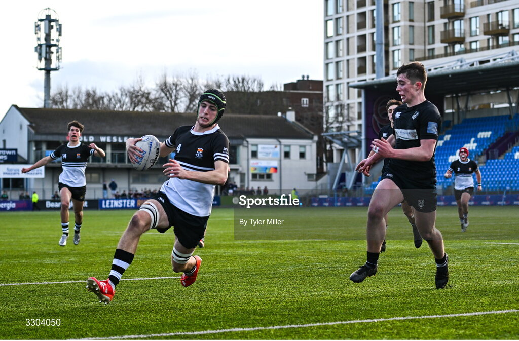 3 December 2025; Jack Garvey of Newbridge College dives over to score his side's second try during the Bank of Ireland Leinster Rugby Schools Senior League Division 1A semi-final match between Cistercian College Roscrea and Newbridge College at Energia Park in Dublin. Photo by Tyler Miller/Sportsfile