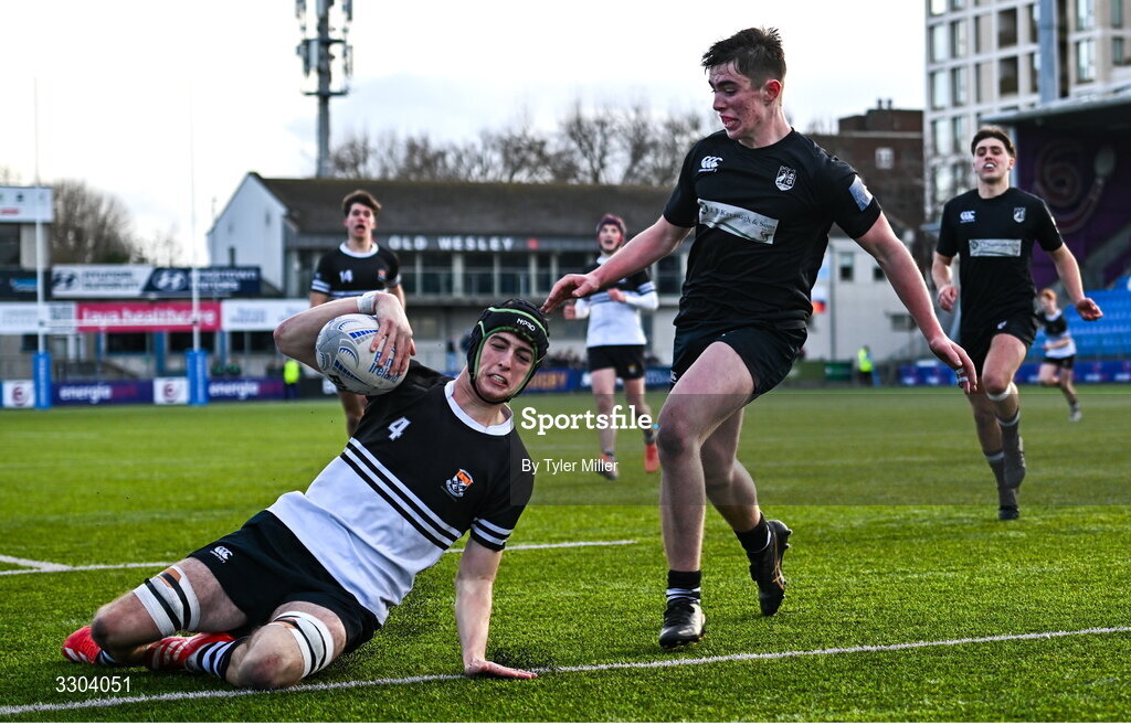3 December 2025; Jack Garvey of Newbridge College dives over to score his side's second try during the Bank of Ireland Leinster Rugby Schools Senior League Division 1A semi-final match between Cistercian College Roscrea and Newbridge College at Energia Park in Dublin. Photo by Tyler Miller/Sportsfile