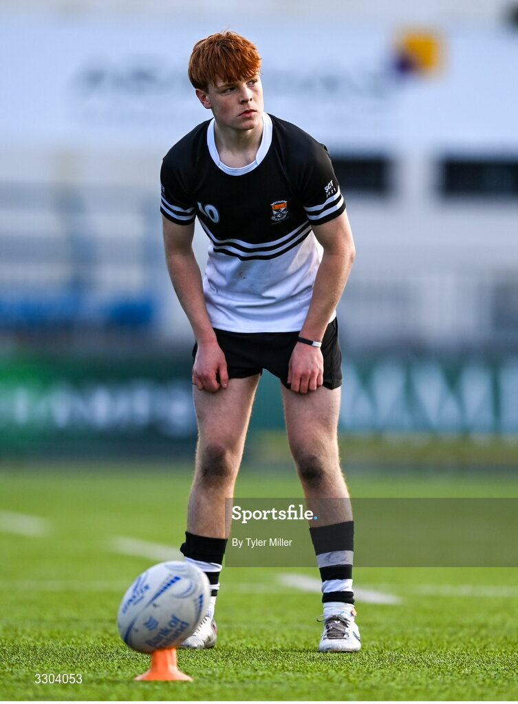 3 December 2025; Michael Kenny of Newbridge College prepares to kick a conversion during the Bank of Ireland Leinster Rugby Schools Senior League Division 1A semi-final match between Cistercian College Roscrea and Newbridge College at Energia Park in Dublin. Photo by Tyler Miller/Sportsfile