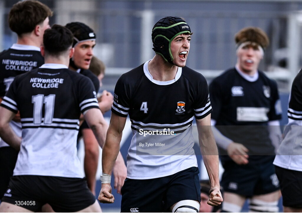 3 December 2025; Jack Garvey of Newbridge College celebrates during the Bank of Ireland Leinster Rugby Schools Senior League Division 1A semi-final match between Cistercian College Roscrea and Newbridge College at Energia Park in Dublin. Photo by Tyler Miller/Sportsfile