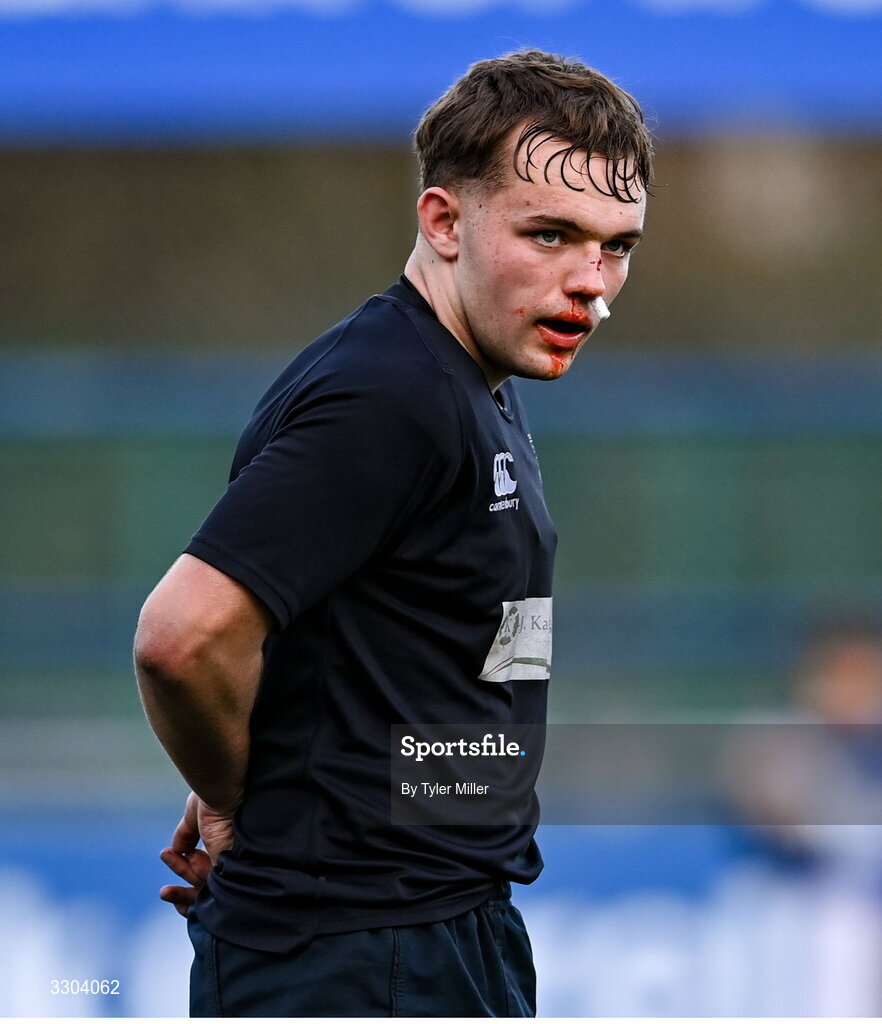 3 December 2025; James Miller of Cistercian College Roscrea during the Bank of Ireland Leinster Rugby Schools Senior League Division 1A semi-final match between Cistercian College Roscrea and Newbridge College at Energia Park in Dublin. Photo by Tyler Miller/Sportsfile
