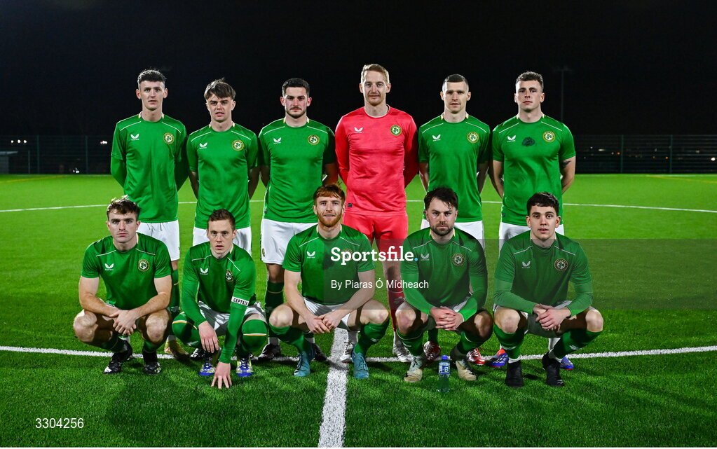 3 December 2025; The Ireland Amateur team before the representative friendly match between Ireland Amateur and Irish Defence Forces at Wayside Celtic FC in Dublin. Photo by Piaras Ó Mídheach/Sportsfile