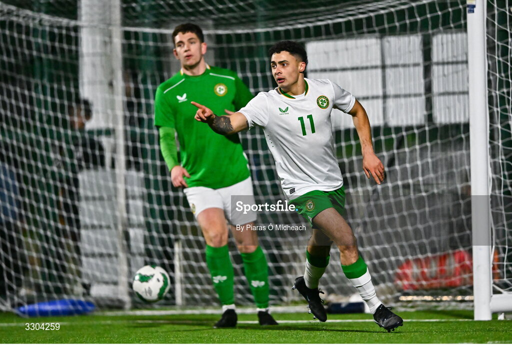 3 December 2025; Callum Lynch of Irish Defence Forces celebrates after scoring his side's first goal during the representative friendly match between Ireland Amateur and Irish Defence Forces at Wayside Celtic FC in Dublin. Photo by Piaras Ó Mídheach/Sportsfile