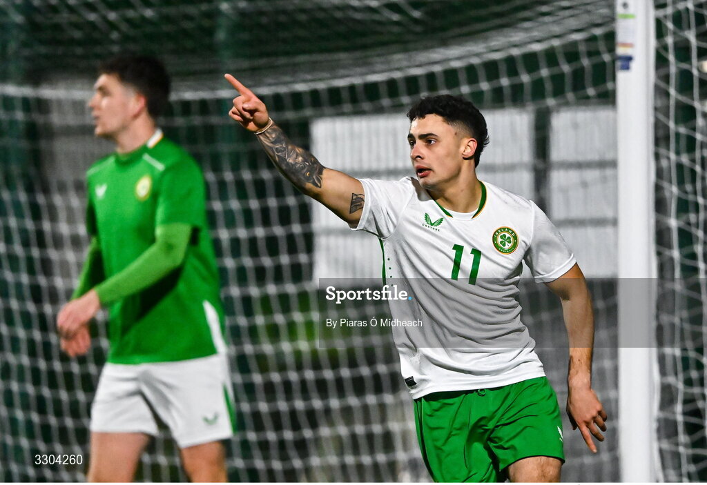 3 December 2025; Callum Lynch of Irish Defence Forces celebrates after scoring his side's first goal during the representative friendly match between Ireland Amateur and Irish Defence Forces at Wayside Celtic FC in Dublin. Photo by Piaras Ó Mídheach/Sportsfile