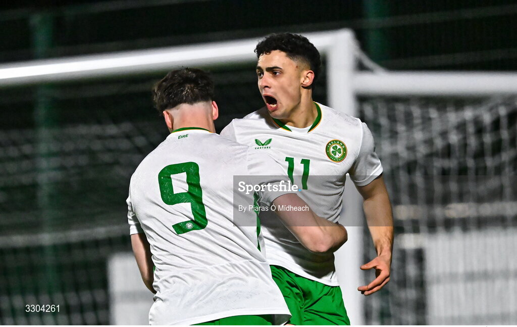 3 December 2025; Callum Lynch of Irish Defence Forces, right, celebrates with team-mate Ronan Kierns after scoring their side's first goal during the representative friendly match between Ireland Amateur and Irish Defence Forces at Wayside Celtic FC in Dublin. Photo by Piaras Ó Mídheach/Sportsfile