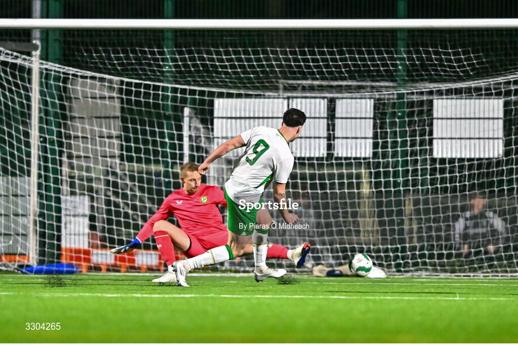 3 December 2025; Ronan Kierns of Irish Defence Forces scores his side's second goal during the representative friendly match between Ireland Amateur and Irish Defence Forces at Wayside Celtic FC in Dublin. Photo by Piaras Ó Mídheach/Sportsfile