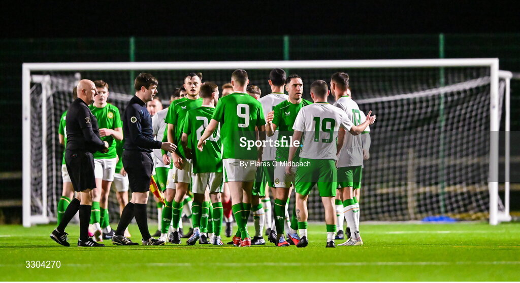 3 December 2025; Players after the representative friendly match between Ireland Amateur and Irish Defence Forces at Wayside Celtic FC in Dublin. Photo by Piaras Ó Mídheach/Sportsfile