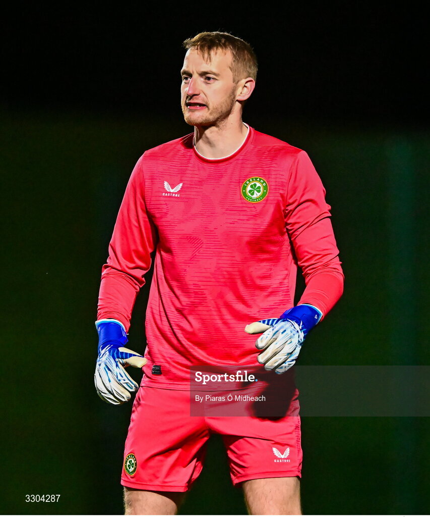 3 December 2025; Ireland Amateur goalkeeper Shane Cusack during the representative friendly match between Ireland Amateur and Irish Defence Forces at Wayside Celtic FC in Dublin. Photo by Piaras Ó Mídheach/Sportsfile