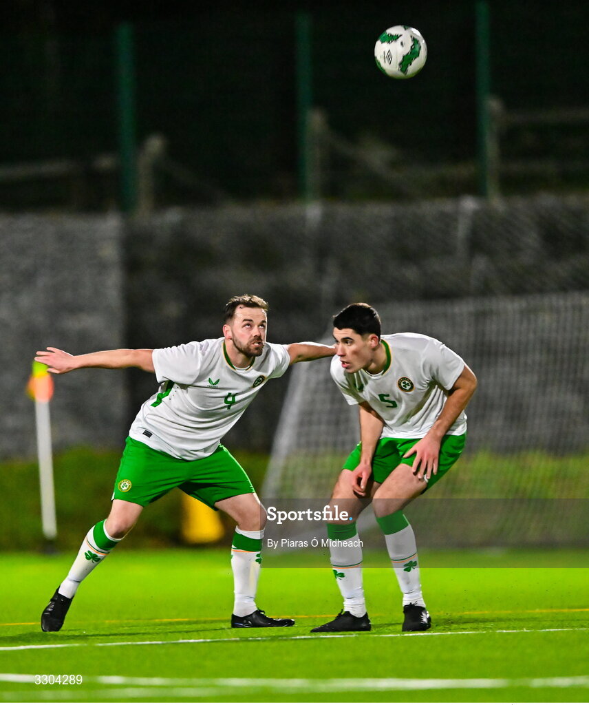 3 December 2025; Paul Keane, left, and Joe Manly of Irish Defence Forces during the representative friendly match between Ireland Amateur and Irish Defence Forces at Wayside Celtic FC in Dublin. Photo by Piaras Ó Mídheach/Sportsfile