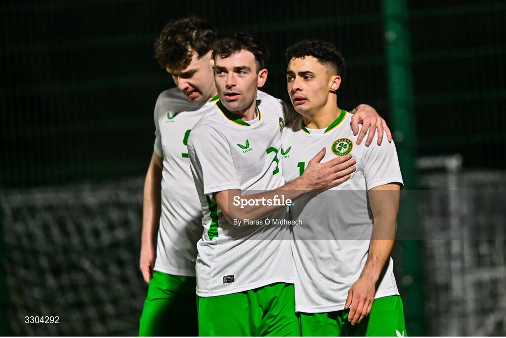 3 December 2025; Callum Lynch of Irish Defence Forces, right, celebrates with team-mate Dale Loughnane after scoring his side's first goal during the representative friendly match between Ireland Amateur and Irish Defence Forces at Wayside Celtic FC in Dublin. Photo by Piaras Ó Mídheach/Sportsfile