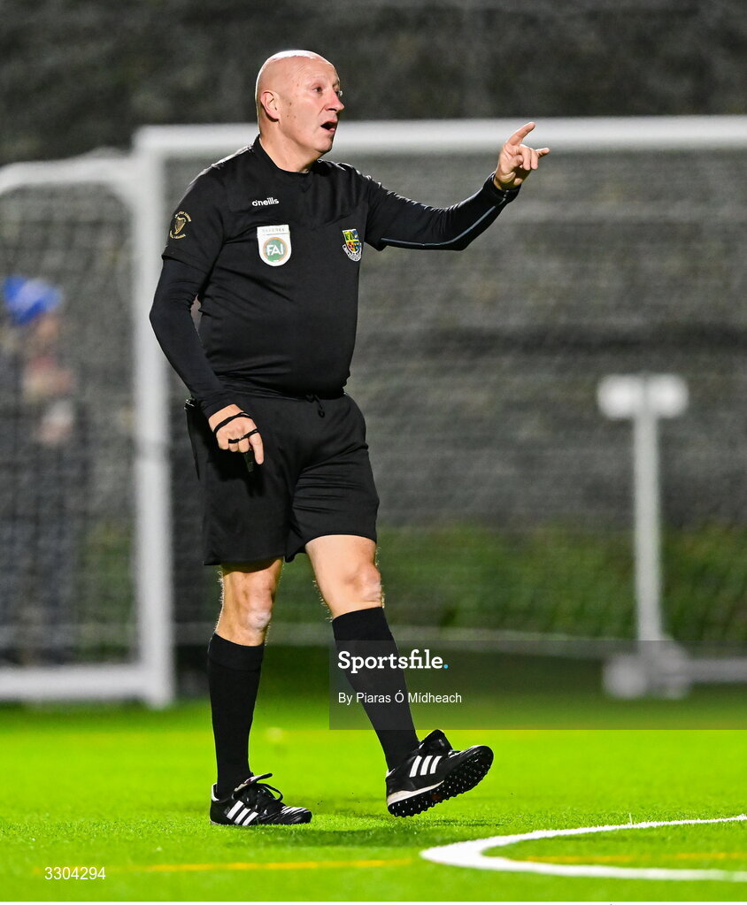 3 December 2025; Referee Paul Tuite during the representative friendly match between Ireland Amateur and Irish Defence Forces at Wayside Celtic FC in Dublin. Photo by Piaras Ó Mídheach/Sportsfile