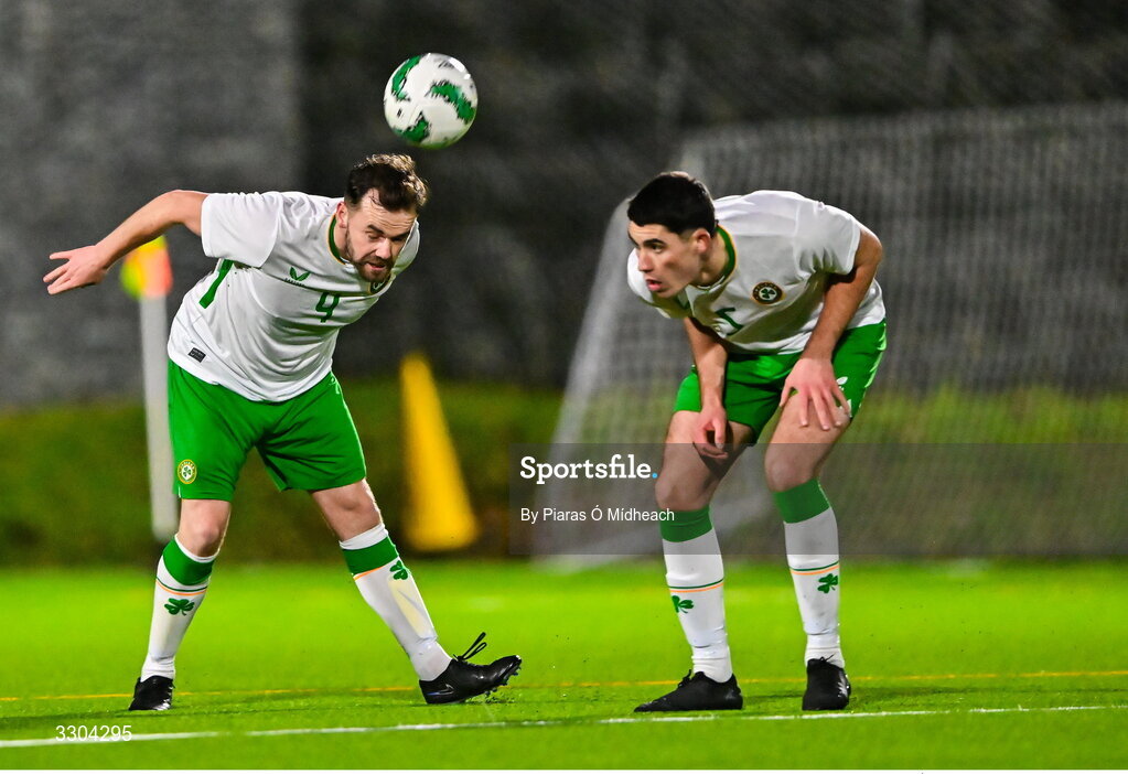 3 December 2025; Paul Keane, left, and Joe Manly of Irish Defence Forces during the representative friendly match between Ireland Amateur and Irish Defence Forces at Wayside Celtic FC in Dublin. Photo by Piaras Ó Mídheach/Sportsfile