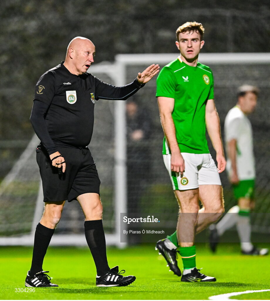 3 December 2025; Referee Paul Tuite during the representative friendly match between Ireland Amateur and Irish Defence Forces at Wayside Celtic FC in Dublin. Photo by Piaras Ó Mídheach/Sportsfile