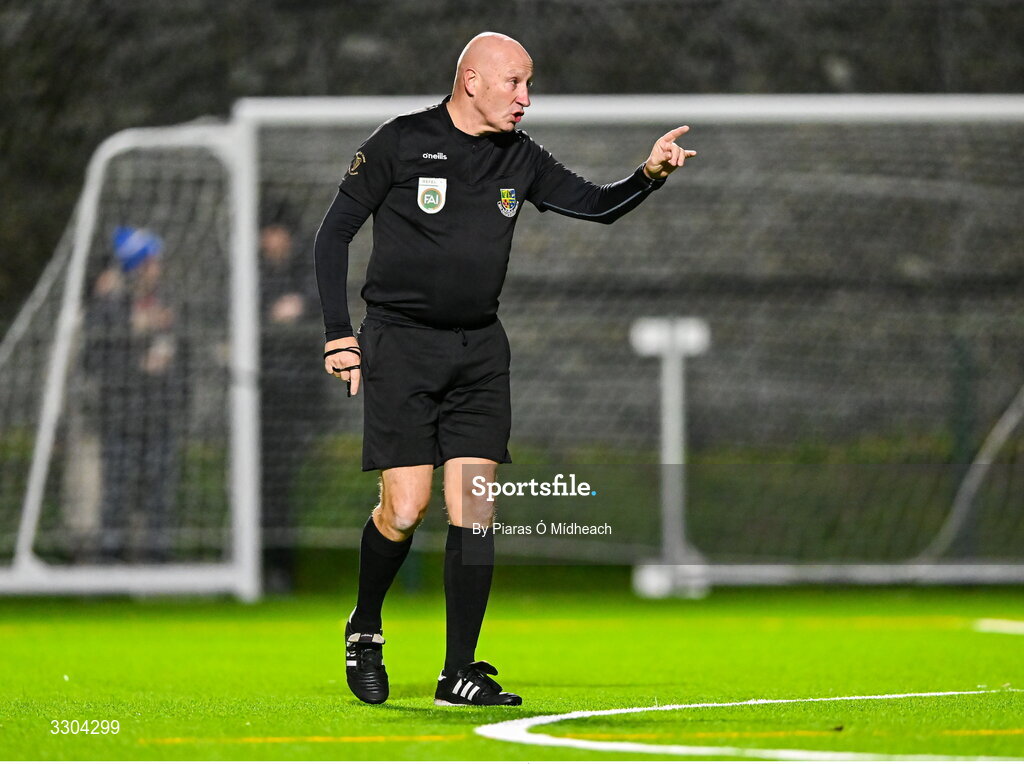3 December 2025; Referee Paul Tuite during the representative friendly match between Ireland Amateur and Irish Defence Forces at Wayside Celtic FC in Dublin. Photo by Piaras Ó Mídheach/Sportsfile