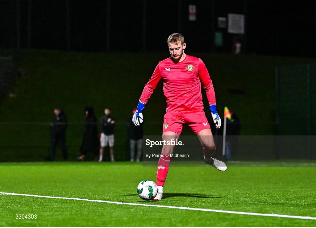 3 December 2025; Ireland Amateur goalkeeper Shane Cusack during the representative friendly match between Ireland Amateur and Irish Defence Forces at Wayside Celtic FC in Dublin. Photo by Piaras Ó Mídheach/Sportsfile