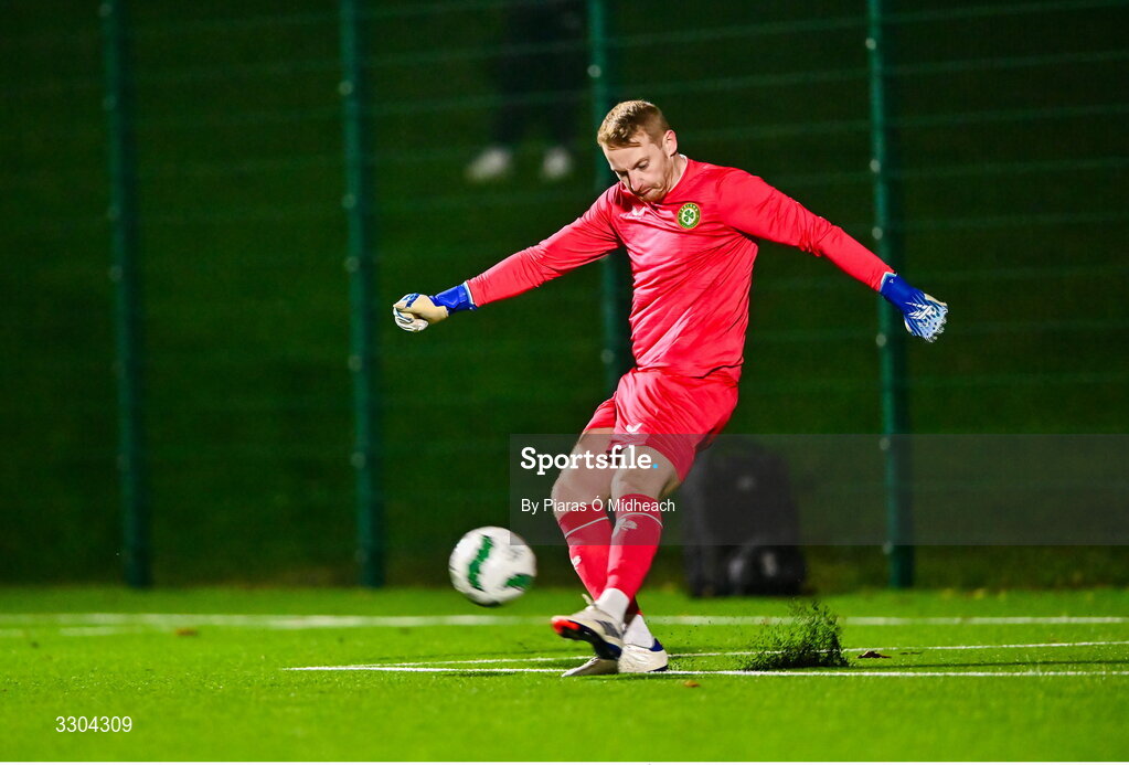 3 December 2025; Ireland Amateur goalkeeper Shane Cusack during the representative friendly match between Ireland Amateur and Irish Defence Forces at Wayside Celtic FC in Dublin. Photo by Piaras Ó Mídheach/Sportsfile