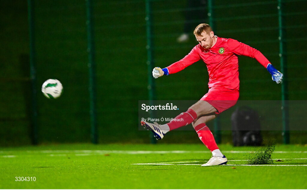 3 December 2025; Ireland Amateur goalkeeper Shane Cusack during the representative friendly match between Ireland Amateur and Irish Defence Forces at Wayside Celtic FC in Dublin. Photo by Piaras Ó Mídheach/Sportsfile