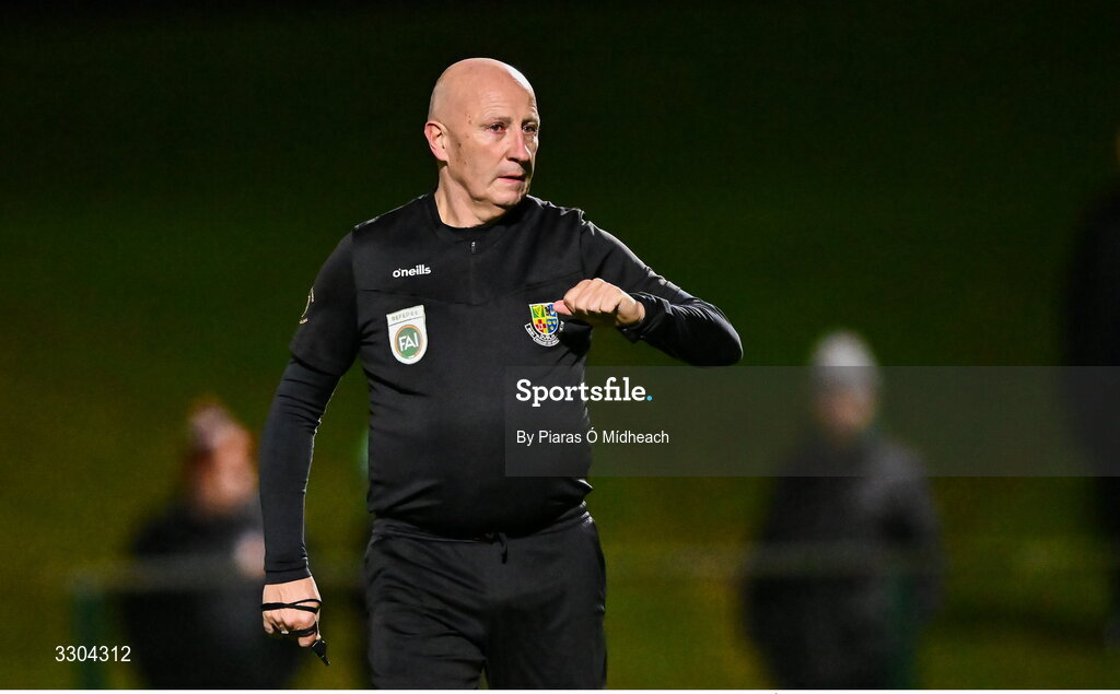 3 December 2025; Referee Paul Tuite during the representative friendly match between Ireland Amateur and Irish Defence Forces at Wayside Celtic FC in Dublin. Photo by Piaras Ó Mídheach/Sportsfile
