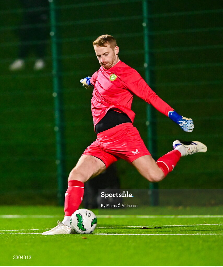 3 December 2025; Ireland Amateur goalkeeper Shane Cusack during the representative friendly match between Ireland Amateur and Irish Defence Forces at Wayside Celtic FC in Dublin. Photo by Piaras Ó Mídheach/Sportsfile