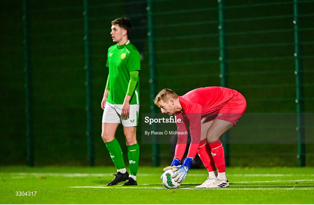 3 December 2025; Ireland Amateur goalkeeper Shane Cusack during the representative friendly match between Ireland Amateur and Irish Defence Forces at Wayside Celtic FC in Dublin. Photo by Piaras Ó Mídheach/Sportsfile