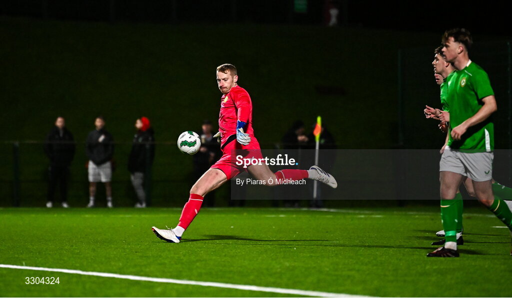 3 December 2025; Ireland Amateur goalkeeper Shane Cusack during the representative friendly match between Ireland Amateur and Irish Defence Forces at Wayside Celtic FC in Dublin. Photo by Piaras Ó Mídheach/Sportsfile