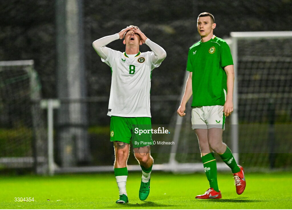 3 December 2025; Alex O’Callaghan of Irish Defence Forces, 8, reacts during the representative friendly match between Ireland Amateur and Irish Defence Forces at Wayside Celtic FC in Dublin. Photo by Piaras Ó Mídheach/Sportsfile