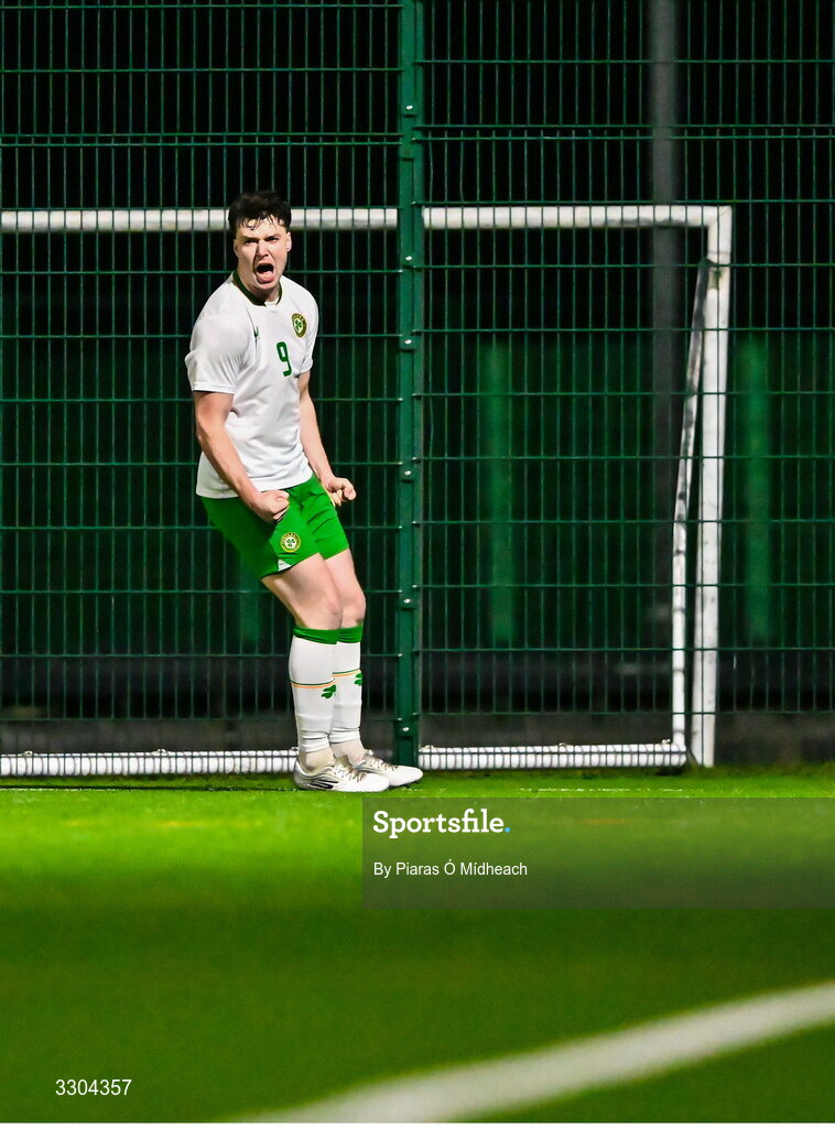 3 December 2025; Ronan Kierns of Irish Defence Forces celebrates scoring his side's second goal during the representative friendly match between Ireland Amateur and Irish Defence Forces at Wayside Celtic FC in Dublin. Photo by Piaras Ó Mídheach/Sportsfile