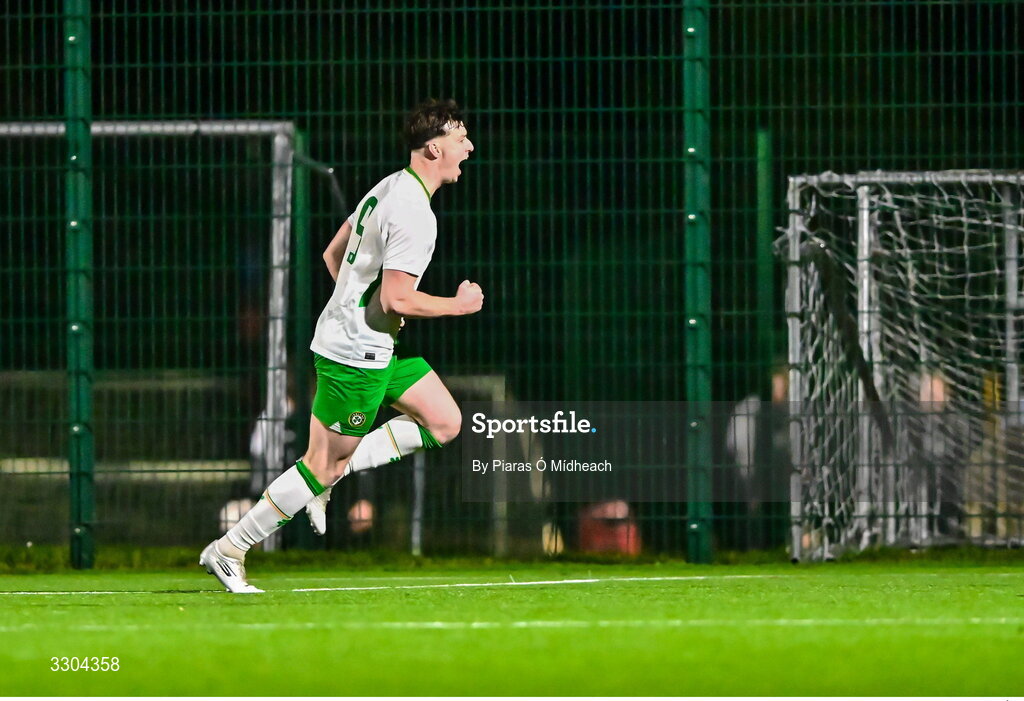 3 December 2025; Ronan Kierns of Irish Defence Forces celebrates scoring his side's second goal during the representative friendly match between Ireland Amateur and Irish Defence Forces at Wayside Celtic FC in Dublin. Photo by Piaras Ó Mídheach/Sportsfile